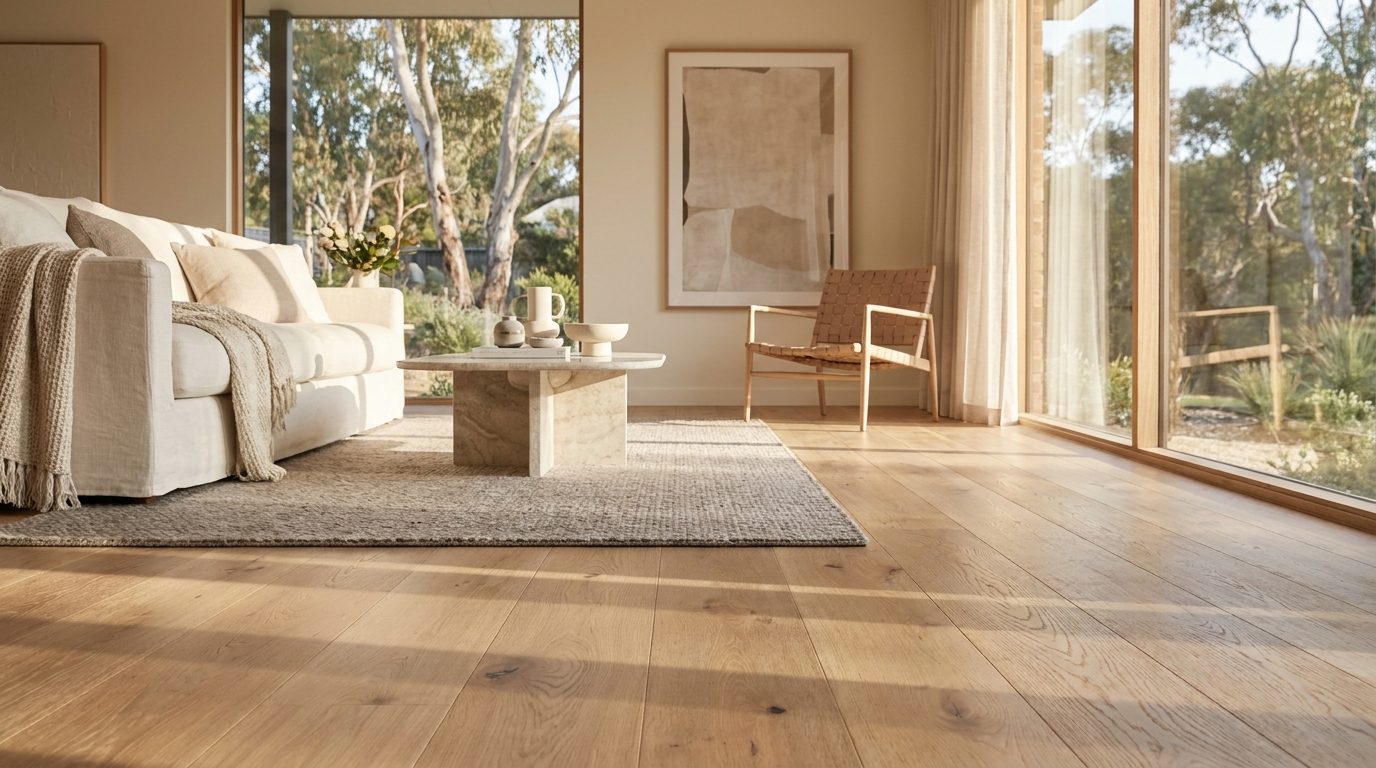 Wide-plank oak flooring in a sunlit Sydney living room